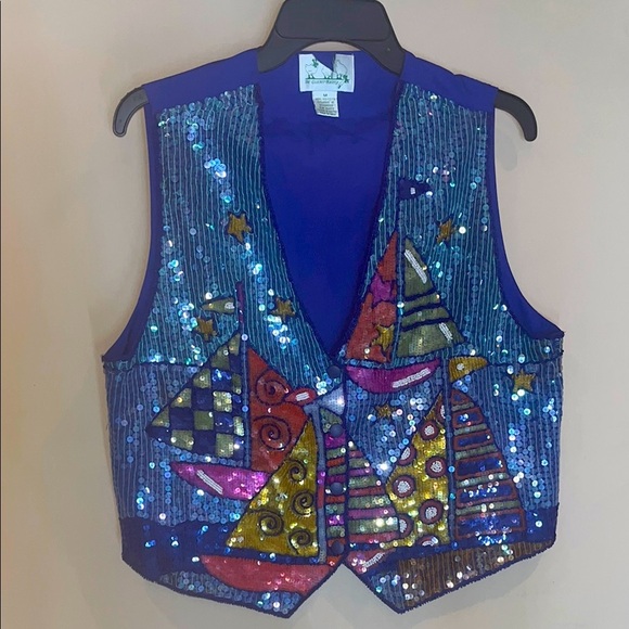 Quacker Factory Blue Vest with Nautical Sequins size medium/ preowned - Picture 1 of 10